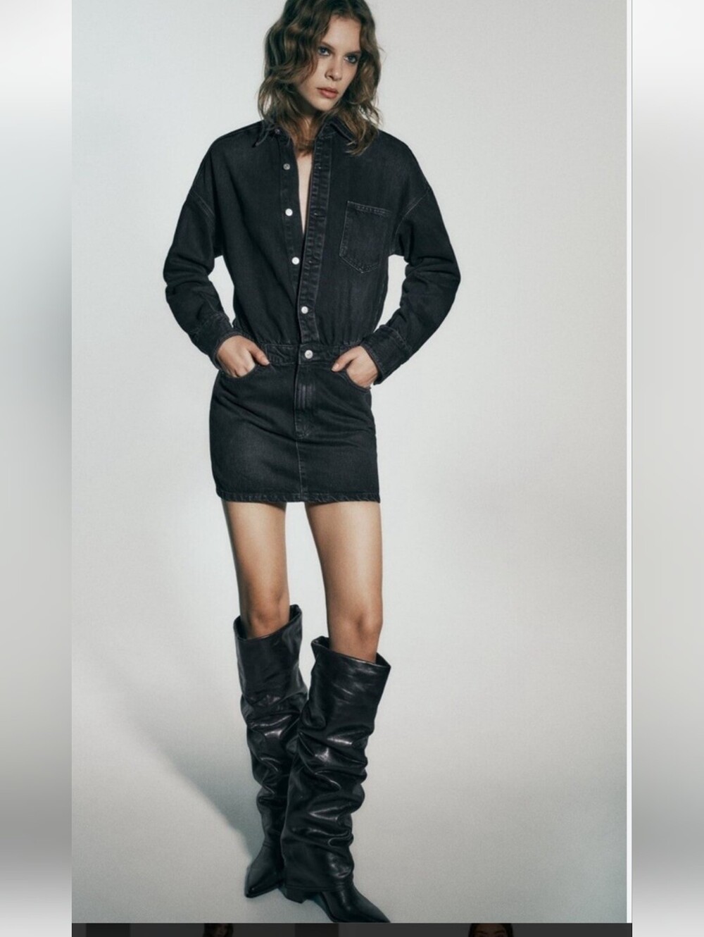 NWT Zara Washed Black Denim Mini Shirt Dress New Size M